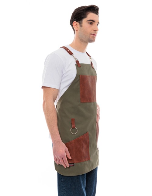 Χακί Ποδιά Unisex Barista Στηθούρι - Από Καμβά Ύφασμα & Ταμπά Vegan Leather Τσέπες
