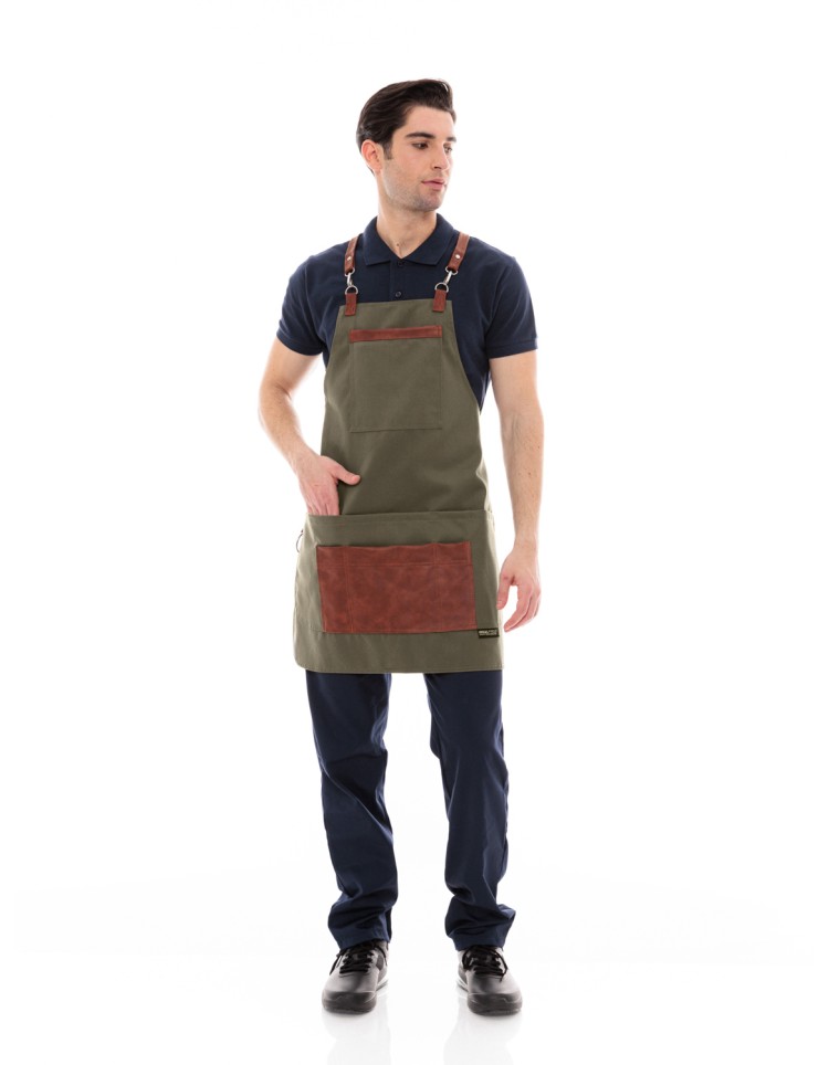 Χακί Ποδιά Unisex Barista Στηθούρι - Από Καμβά Ύφασμα & Ταμπά Vegan Leather Λεπτομέρειες