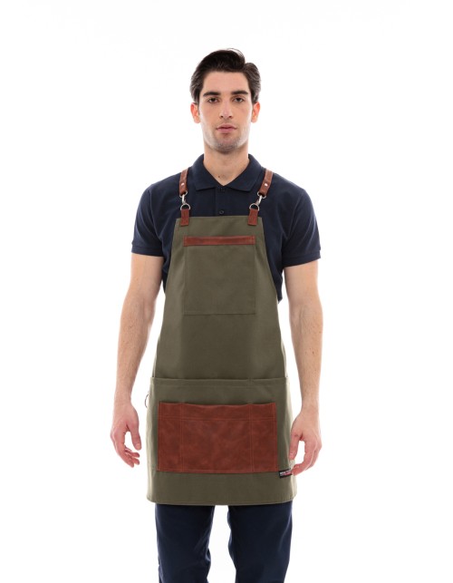 Χακί Ποδιά Unisex Barista Στηθούρι - Από Καμβά Ύφασμα & Ταμπά Vegan Leather Λεπτομέρειες