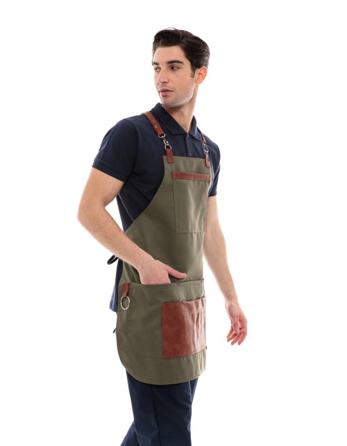 Χακί Ποδιά Unisex Barista Στηθούρι - Από Καμβά Ύφασμα & Ταμπά Vegan Leather Λεπτομέρειες