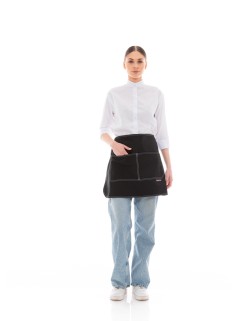 Μαύρη Ποδιά Μέσης Barista-Service Από Καμβά Με Άσπρες Δίγαζες Λεπτομέρειες - 5010B
