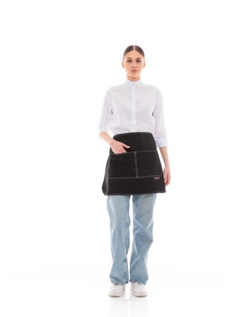Μαύρη Ποδιά Μέσης Barista-Service Από Καμβά Με Άσπρες Δίγαζες Λεπτομέρειες - 5010B