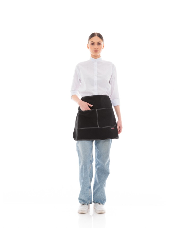 Μαύρη Ποδιά Μέσης Barista-Service Από Καμβά Με Άσπρες Δίγαζες Λεπτομέρειες - 5010B