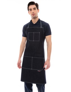 Μαύρη Ποδιά Barista - Service Από Μαύρο Τζιν Με Άσπρες Δίγαζες Λεπτομέρειες - 5100Β