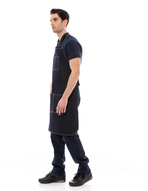 Μαύρη Ποδιά Barista - Service Από Μαύρο Τζιν Με Άσπρες Δίγαζες Λεπτομέρειες - 5100Β