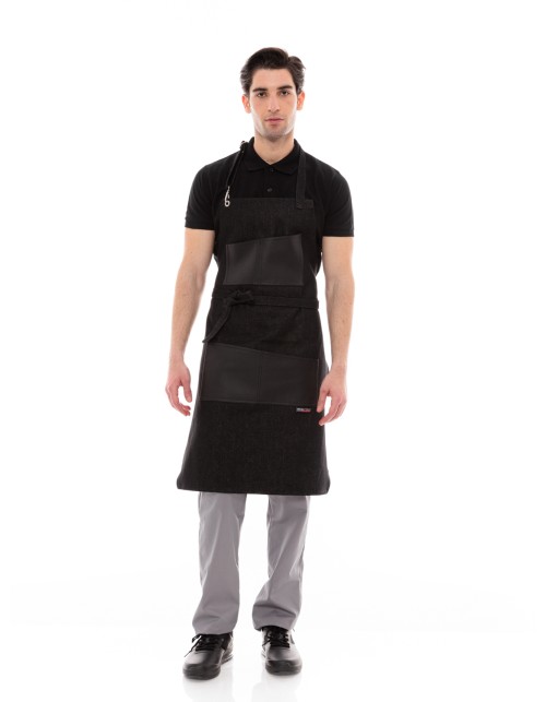 Ποδιά Σερβιτόρου-Barista Λαιμού με Μαύρο Τζιν και Μαύρη Vegan Leather Τσέπη - 594 BLACK ASYMETRICAL