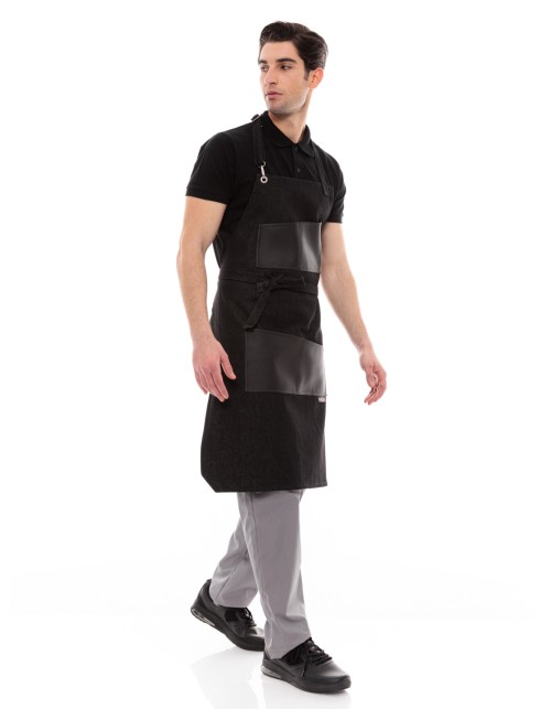 Ποδιά Σερβιτόρου-Barista Λαιμού με Μαύρο Τζιν και Μαύρη Vegan Leather Τσέπη - 594 BLACK ASYMETRICAL