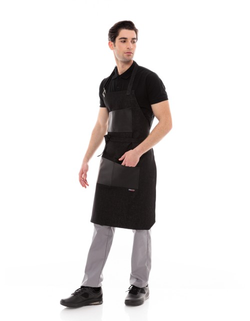 Ποδιά Σερβιτόρου-Barista Λαιμού με Μαύρο Τζιν και Μαύρη Vegan Leather Τσέπη - 594 BLACK ASYMETRICAL