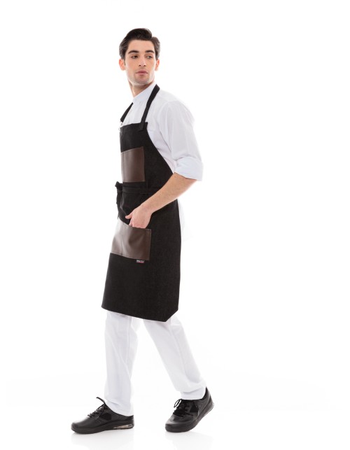 Ποδιά Σερβιτόρου-Barista Λαιμού με Μαύρο Τζιν και Καφέ Vegan Leather Τσέπη