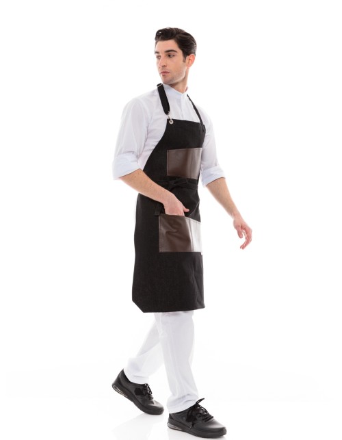Ποδιά Σερβιτόρου-Barista Λαιμού με Μαύρο Τζιν και Καφέ Vegan Leather Τσέπη