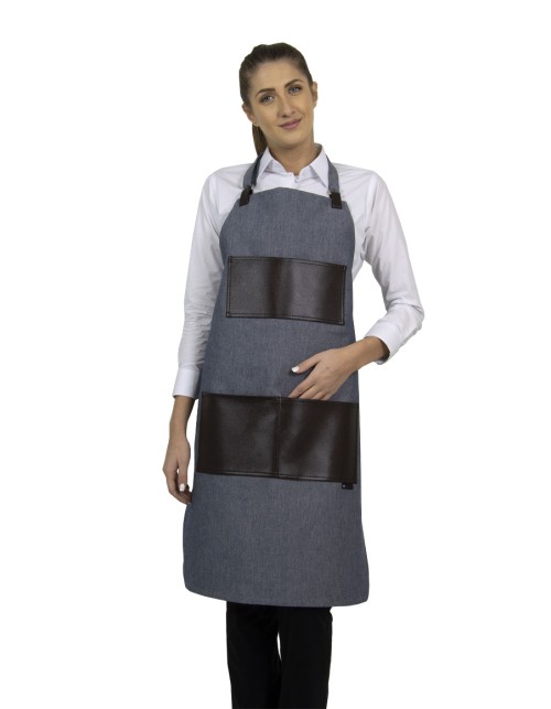 Ποδιά Σερβιτόρου-Barista Λαιμού με Ανοιχτό Μπλε Τζιν και Καφέ Τσέπη από Τεχνόδερμα - 595 RECT