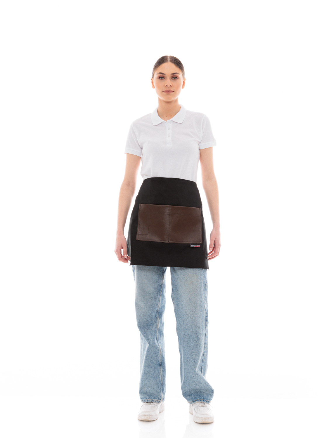 Μαύρη Ποδιά Unisex Barista Κοντή - Από Καμβά Ύφασμα & Καφέ Τετράγωνη Vegan Leather Τσέπη