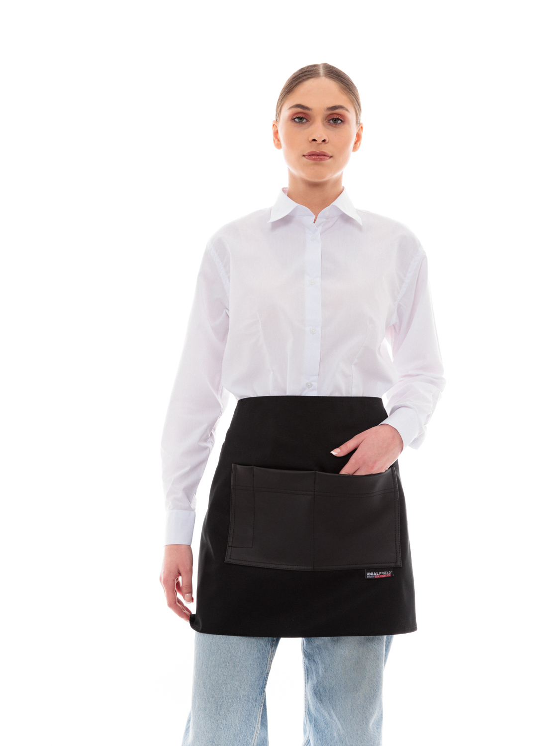 Μαύρη Ποδιά Unisex Barista Κοντή - Από Καμβά Ύφασμα & Μαύρη Τετράγωνη Vegan Leather Τσέπη