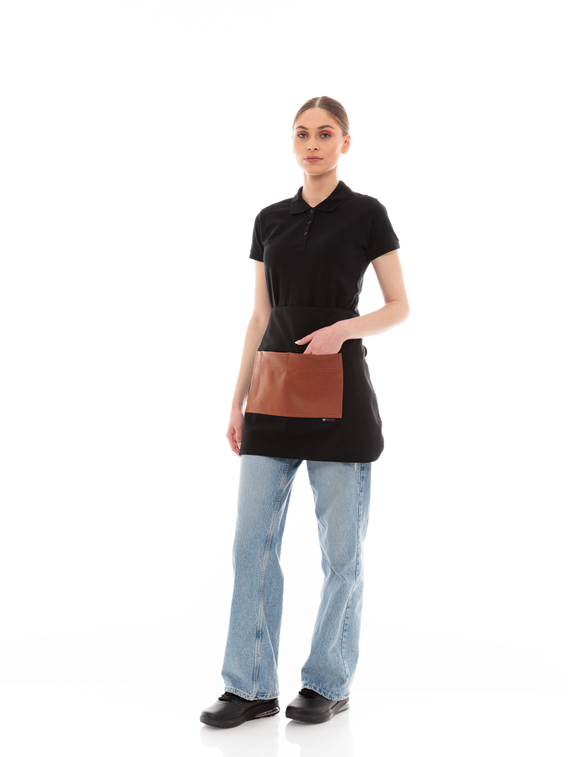 Μαύρη Ποδιά Unisex Barista Κοντή - Από Καμβά Ύφασμα & Ταμπά Τετράγωνη Vegan Leather Τσέπη
