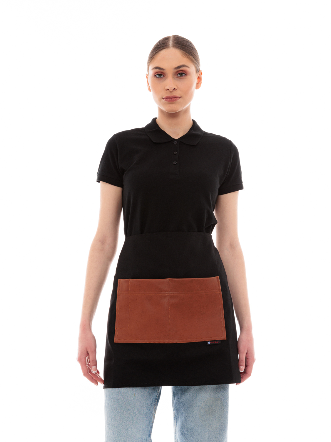 Μαύρη Ποδιά Unisex Barista Κοντή - Από Καμβά Ύφασμα & Ταμπά Τετράγωνη Vegan Leather Τσέπη