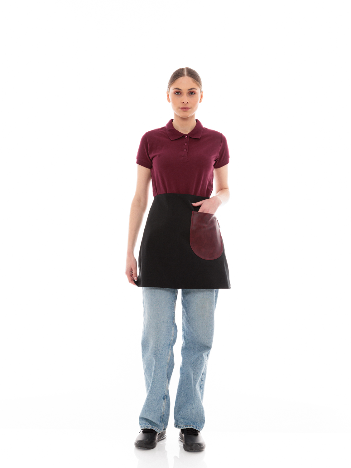 Μαύρη Ποδιά Unisex Barista Κοντή - Από Καμβά Ύφασμα & Μπορντό Στρογγυλή Vegan Leather Τσέπη