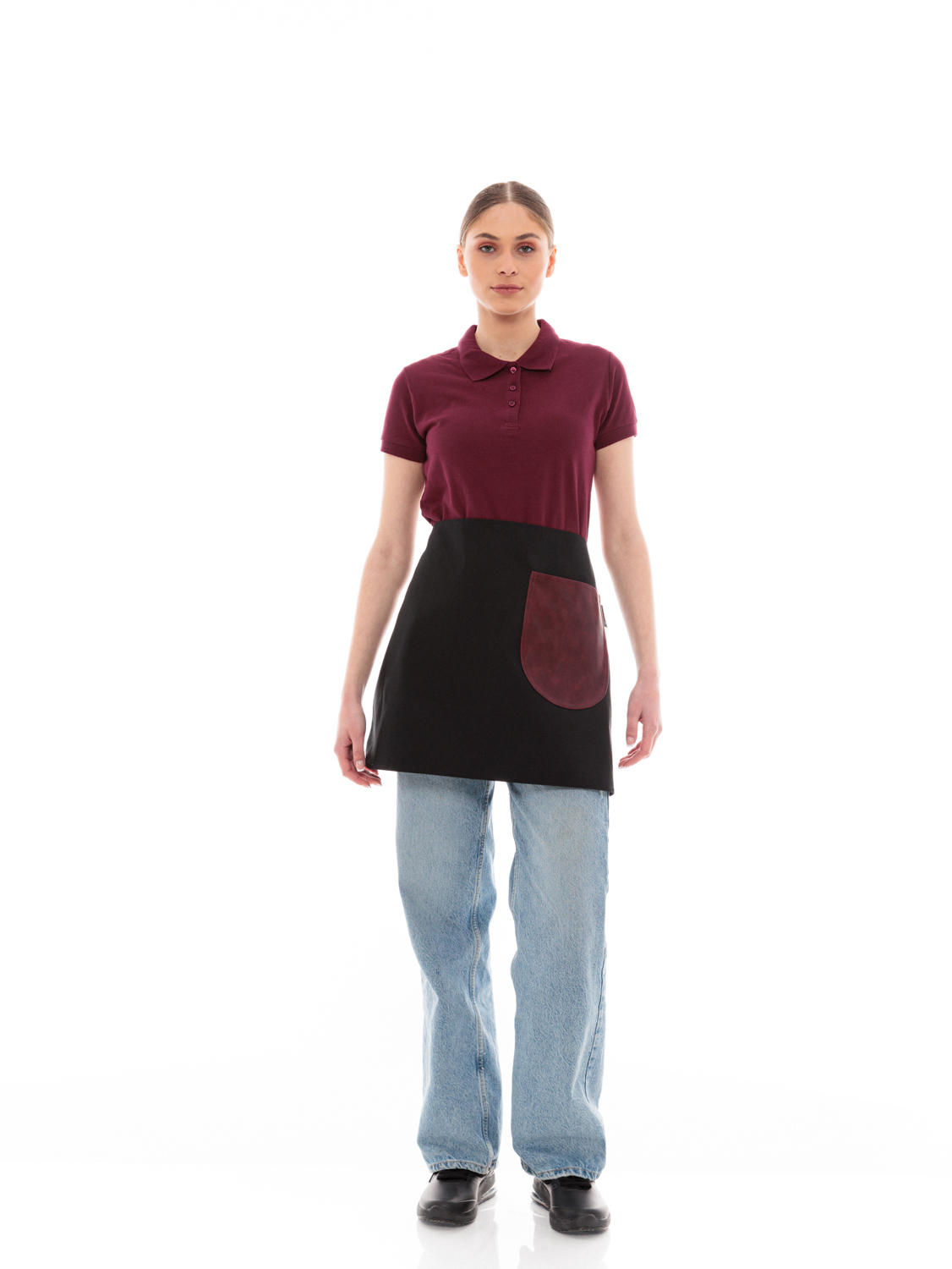 Μαύρη Ποδιά Unisex Barista Κοντή - Από Καμβά Ύφασμα & Μπορντό Στρογγυλή Vegan Leather Τσέπη