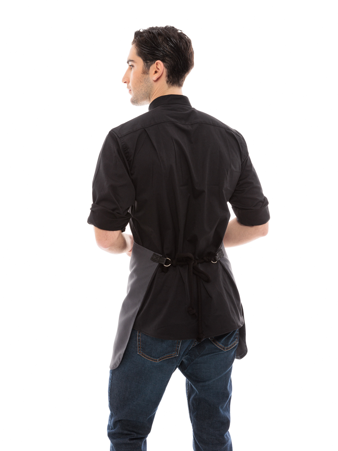 Γκρι Ποδιά Unisex Barista Κοντή - Από Καμβά Ύφασμα & Μαύρη Τετράγωνη Vegan Leather Τσέπη