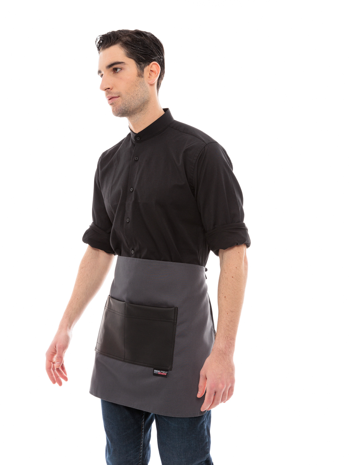 Γκρι Ποδιά Unisex Barista Κοντή - Από Καμβά Ύφασμα & Μαύρη Τετράγωνη Vegan Leather Τσέπη