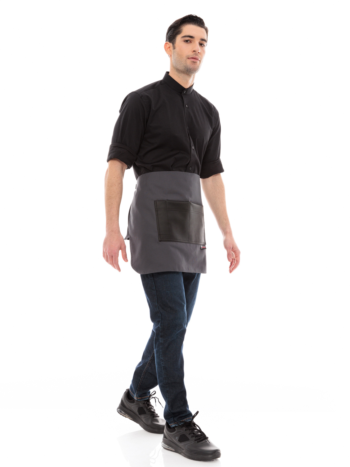 Γκρι Ποδιά Unisex Barista Κοντή - Από Καμβά Ύφασμα & Μαύρη Τετράγωνη Vegan Leather Τσέπη