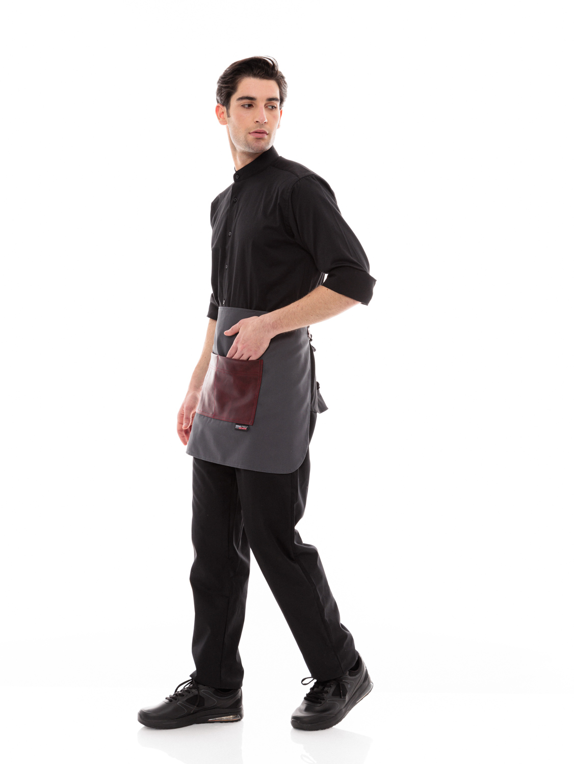 Γκρι Ποδιά Unisex Barista Κοντή - Από Καμβά Ύφασμα & Μπορντό Τετράγωνη Vegan Leather Τσέπη