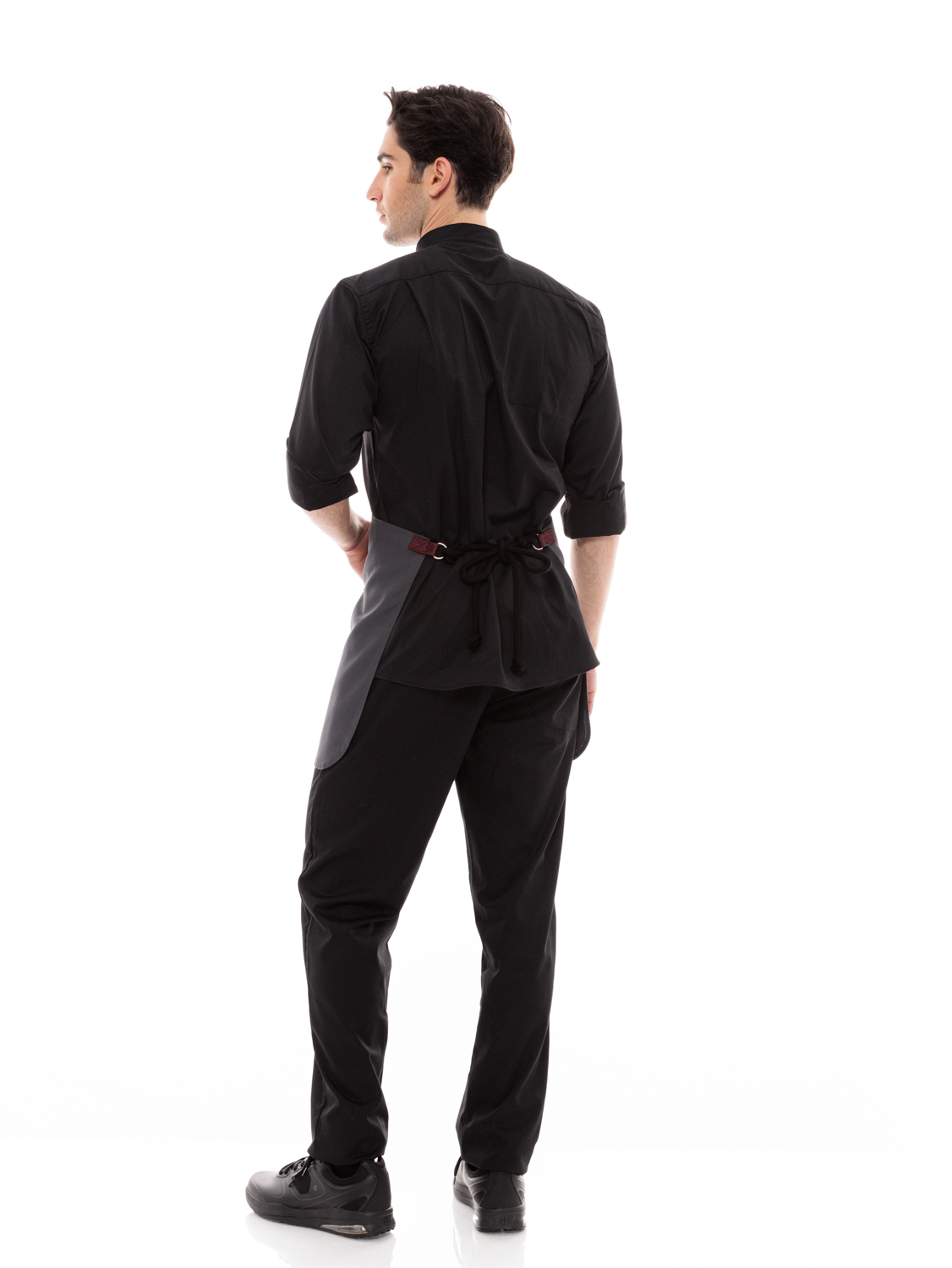 Γκρι Ποδιά Unisex Barista Κοντή - Από Καμβά Ύφασμα & Μπορντό Τετράγωνη Vegan Leather Τσέπη