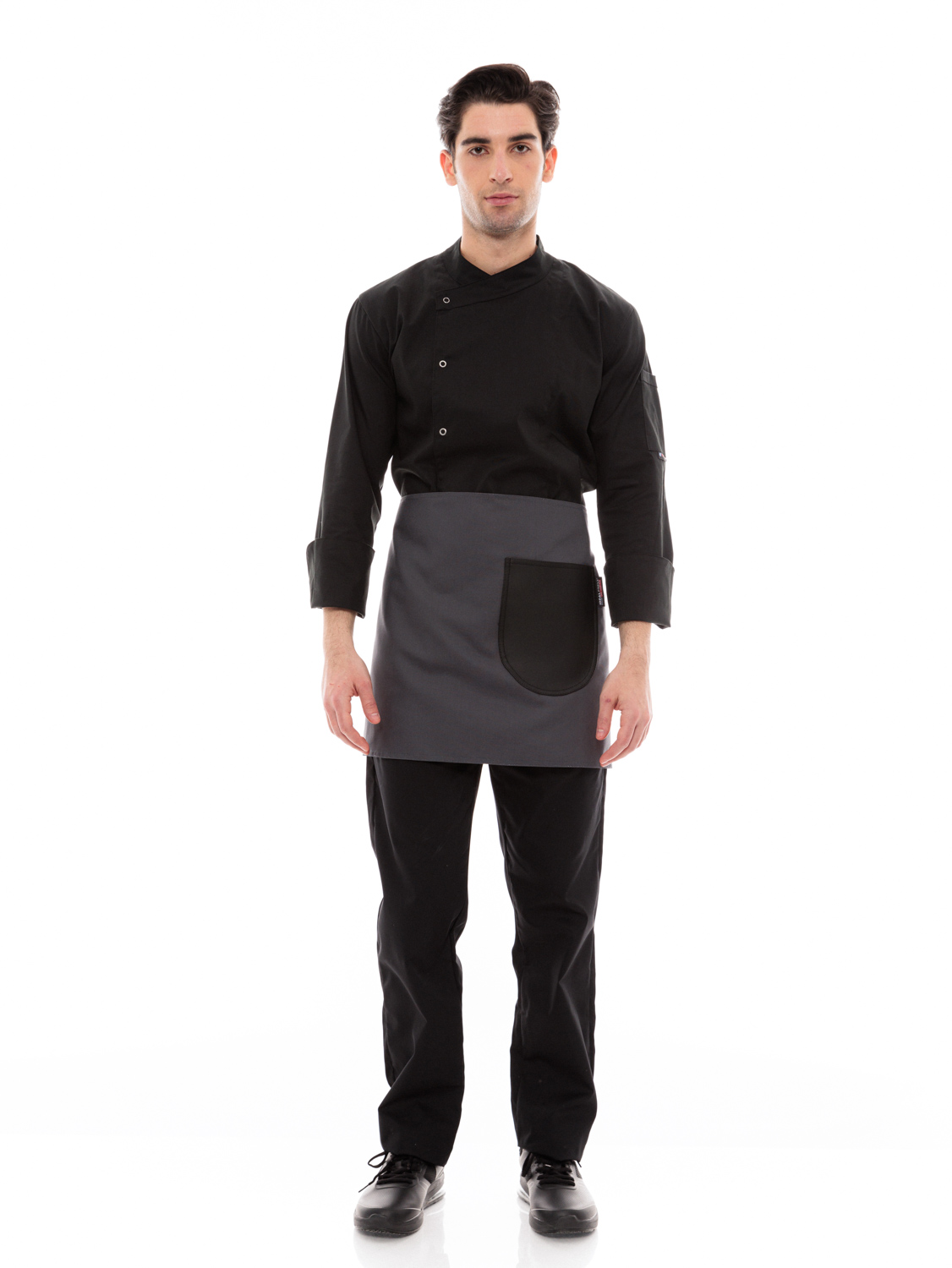 Γκρι Ποδιά Unisex Barista Κοντή - Από Καμβά Ύφασμα & Μαύρη Στρογγυλή Vegan Leather Τσέπη