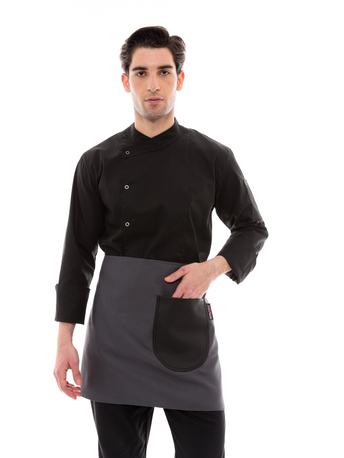 Γκρι Ποδιά Unisex Barista Κοντή - Από Καμβά Ύφασμα & Μαύρη Στρογγυλή Vegan Leather Τσέπη