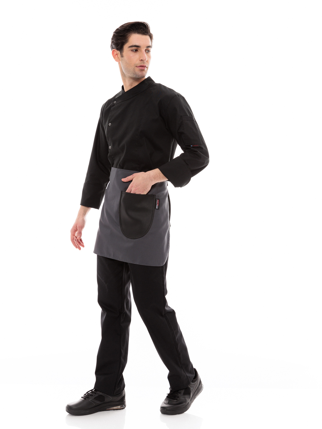 Γκρι Ποδιά Unisex Barista Κοντή - Από Καμβά Ύφασμα & Μαύρη Στρογγυλή Vegan Leather Τσέπη