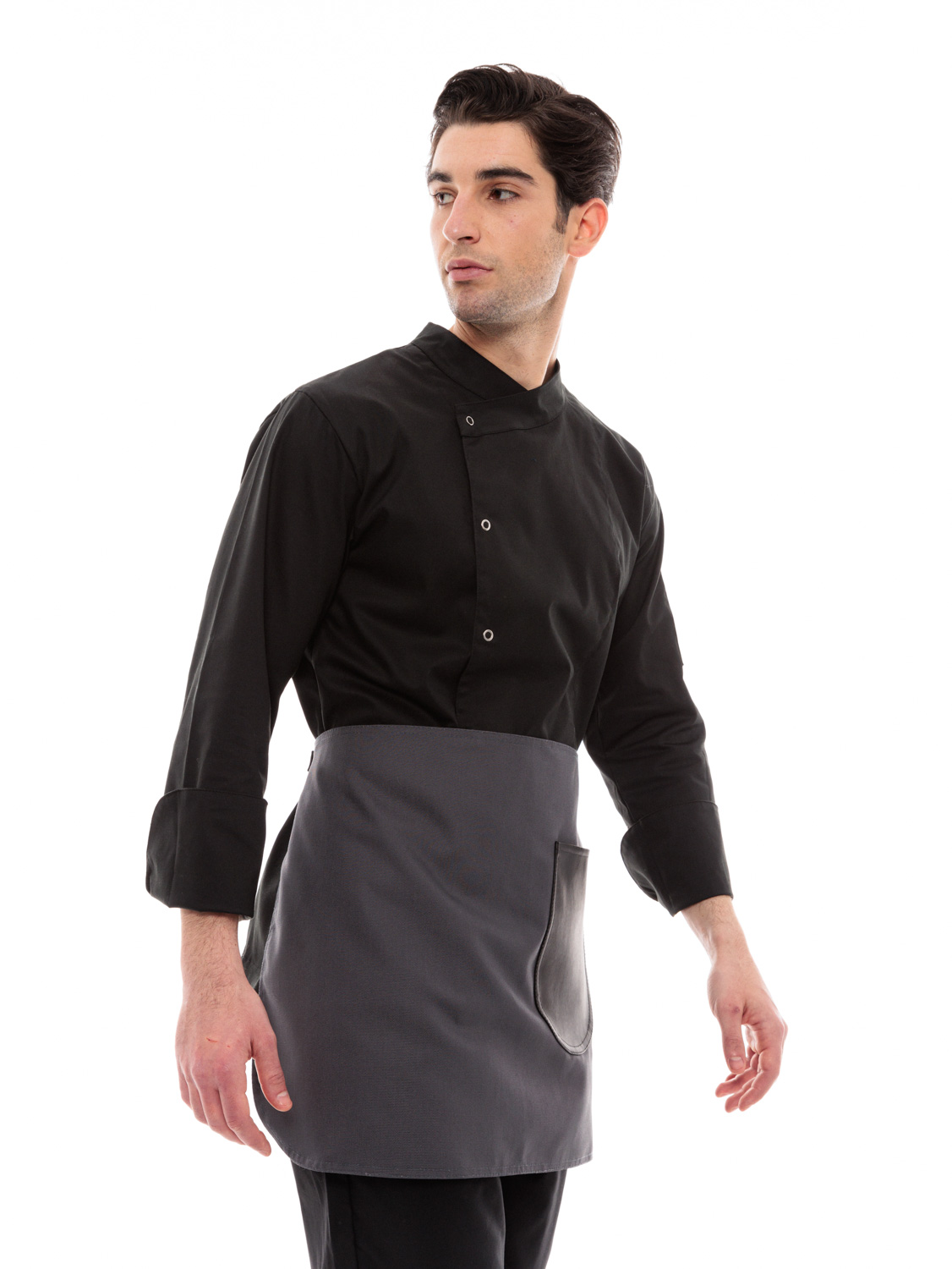 Γκρι Ποδιά Unisex Barista Κοντή - Από Καμβά Ύφασμα & Μαύρη Στρογγυλή Vegan Leather Τσέπη