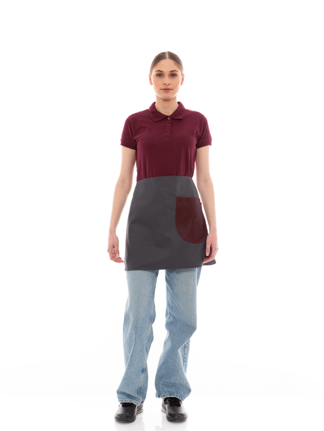 Γκρι Ποδιά Unisex Barista Κοντή - Από Καμβά Ύφασμα & Μπορντό Στρογγυλή Vegan Leather Τσέπη