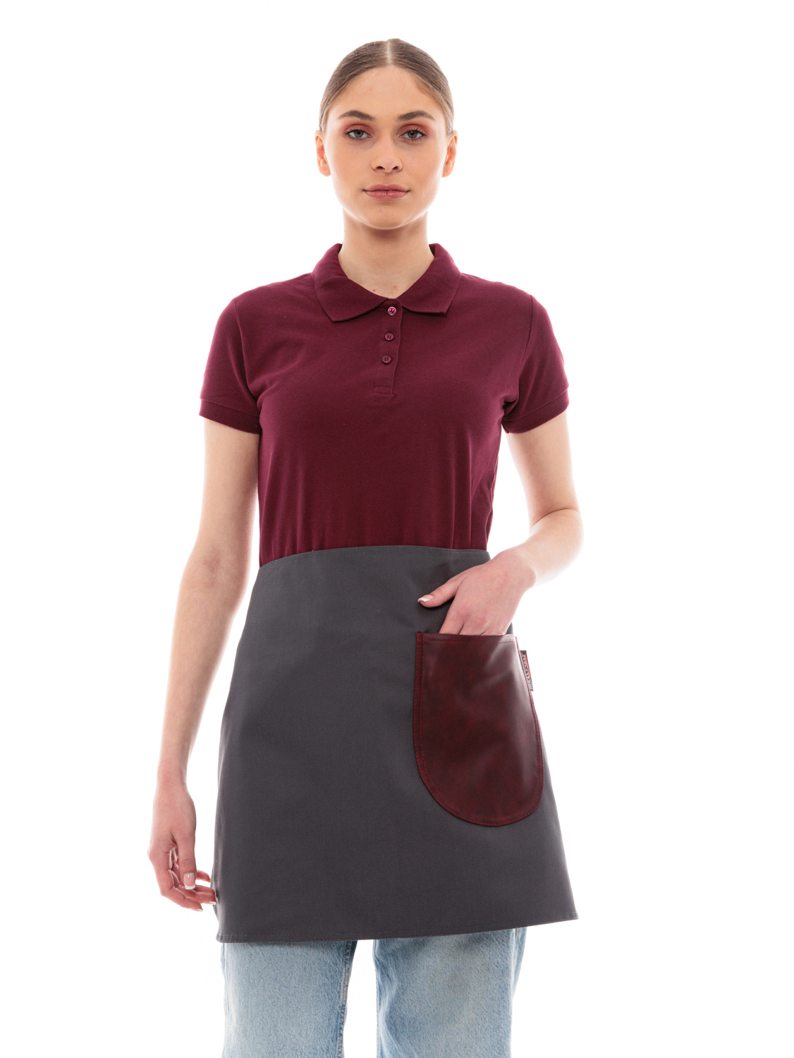 Γκρι Ποδιά Unisex Barista Κοντή - Από Καμβά Ύφασμα & Μπορντό Στρογγυλή Vegan Leather Τσέπη