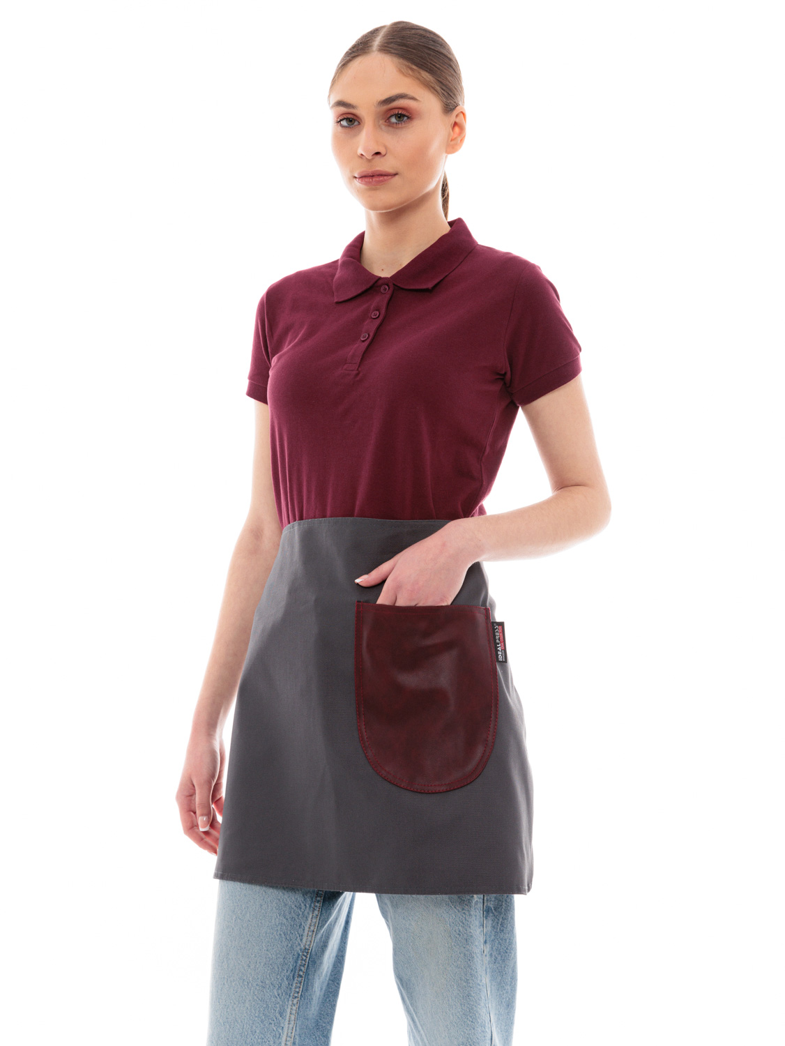 Γκρι Ποδιά Unisex Barista Κοντή - Από Καμβά Ύφασμα & Μπορντό Στρογγυλή Vegan Leather Τσέπη