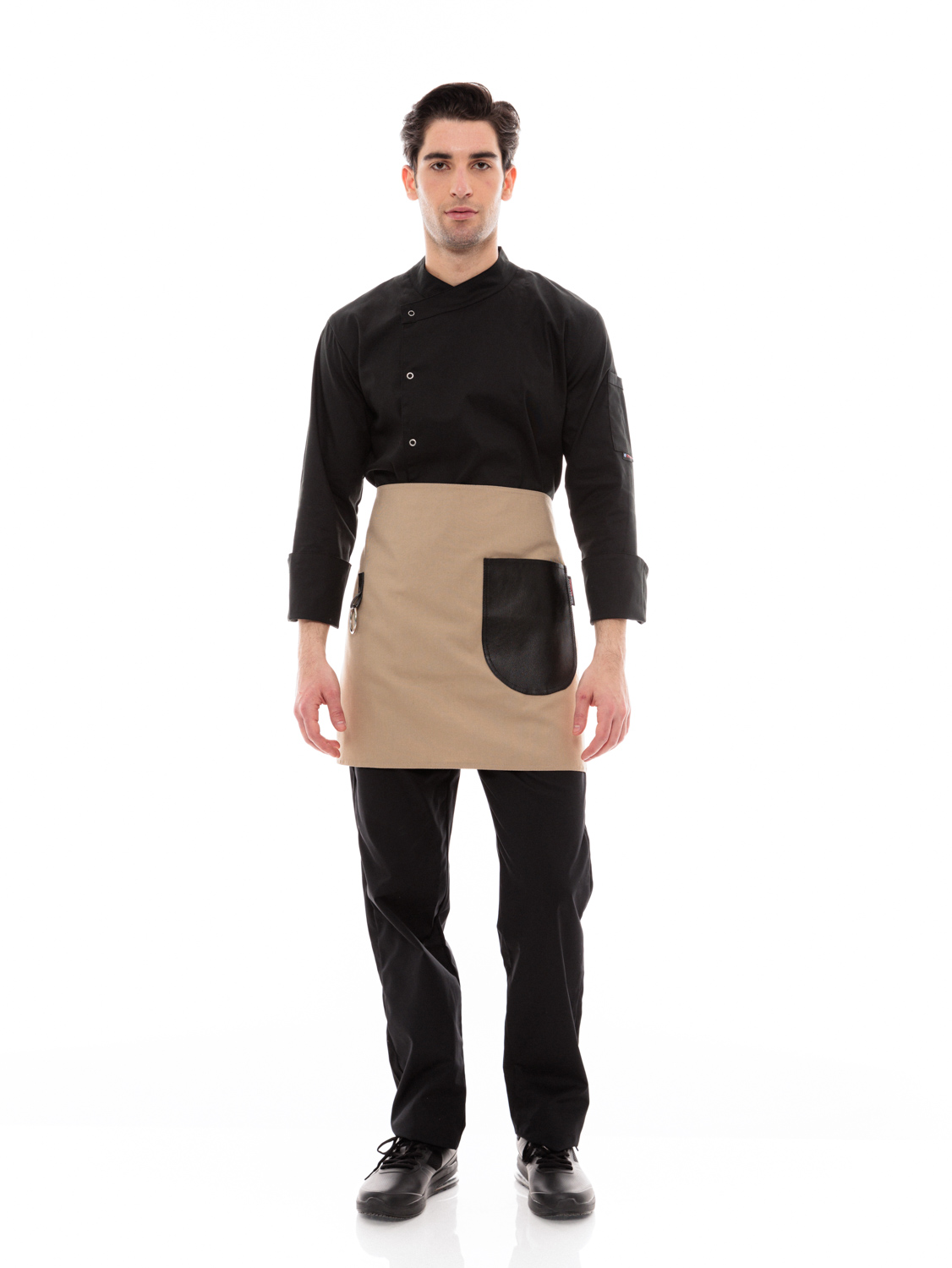 Μπεζ Ποδιά Unisex Barista Κοντή - Από Καμβά Ύφασμα & Μαύρη Στρογγυλή Vegan Leather Τσέπη