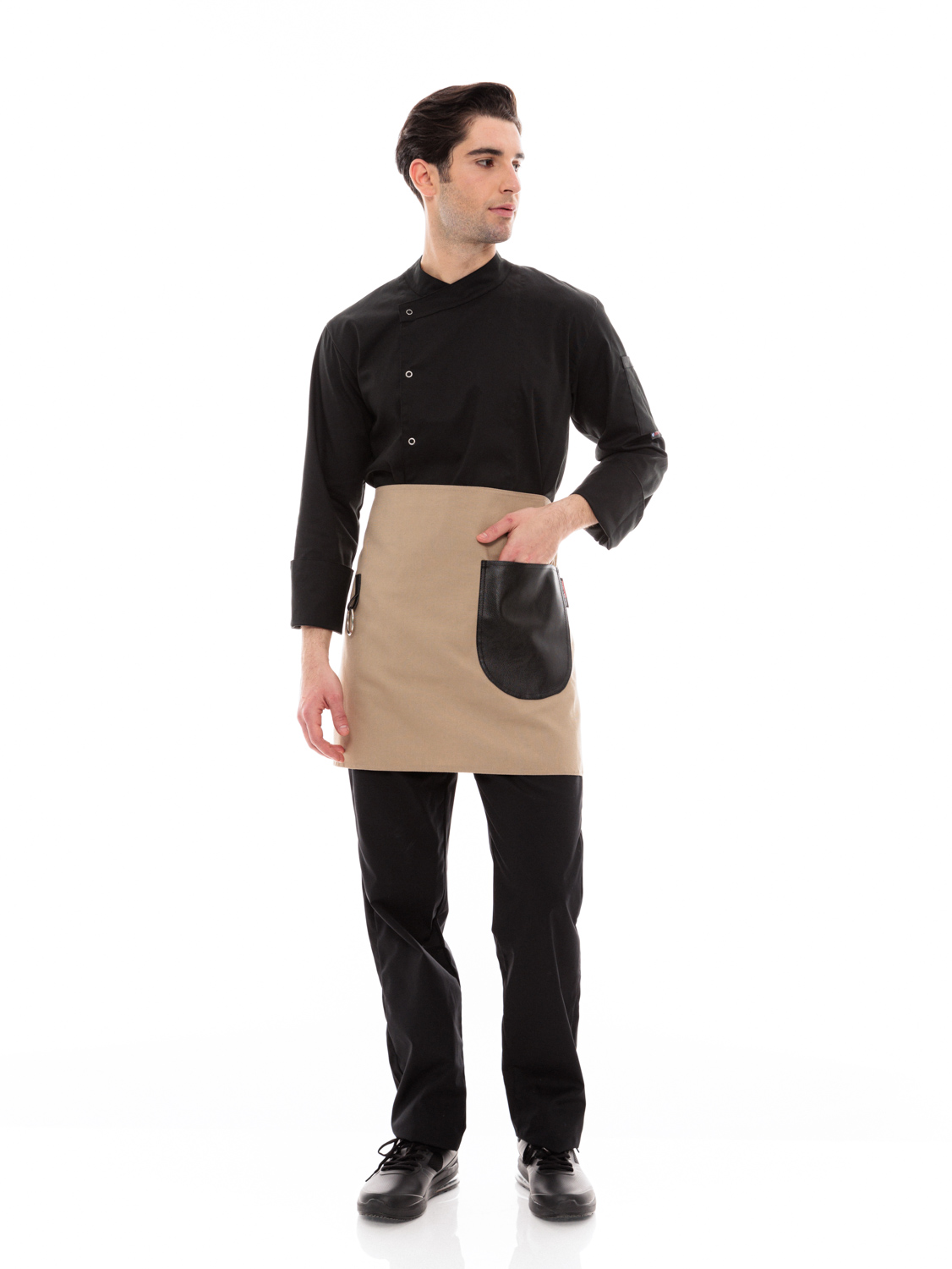 Μπεζ Ποδιά Unisex Barista Κοντή - Από Καμβά Ύφασμα & Μαύρη Στρογγυλή Vegan Leather Τσέπη