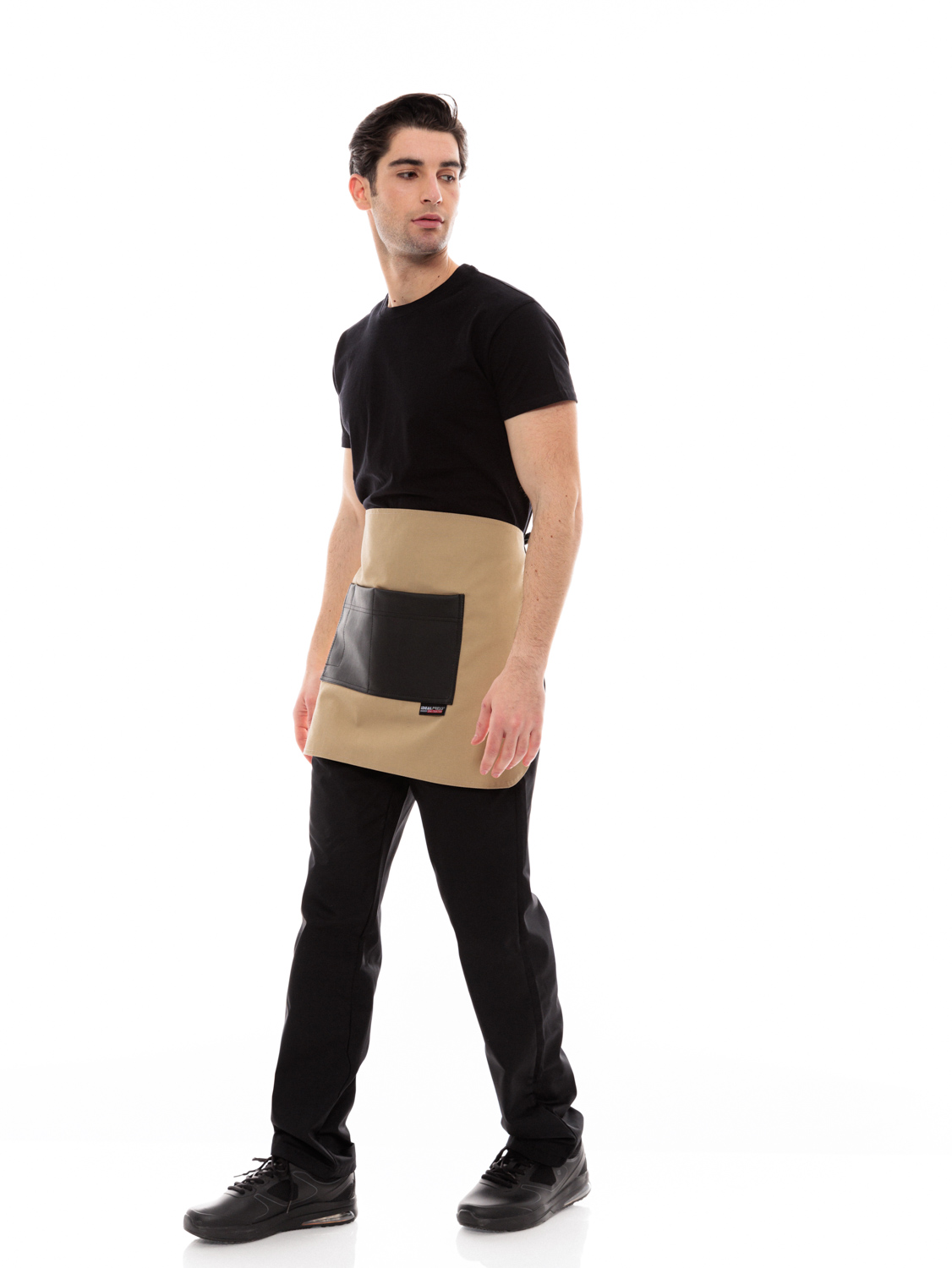 Μπεζ Ποδιά Unisex Barista Κοντή - Από Καμβά Ύφασμα & Μαύρη Τετράγωνη Vegan Leather Τσέπη
