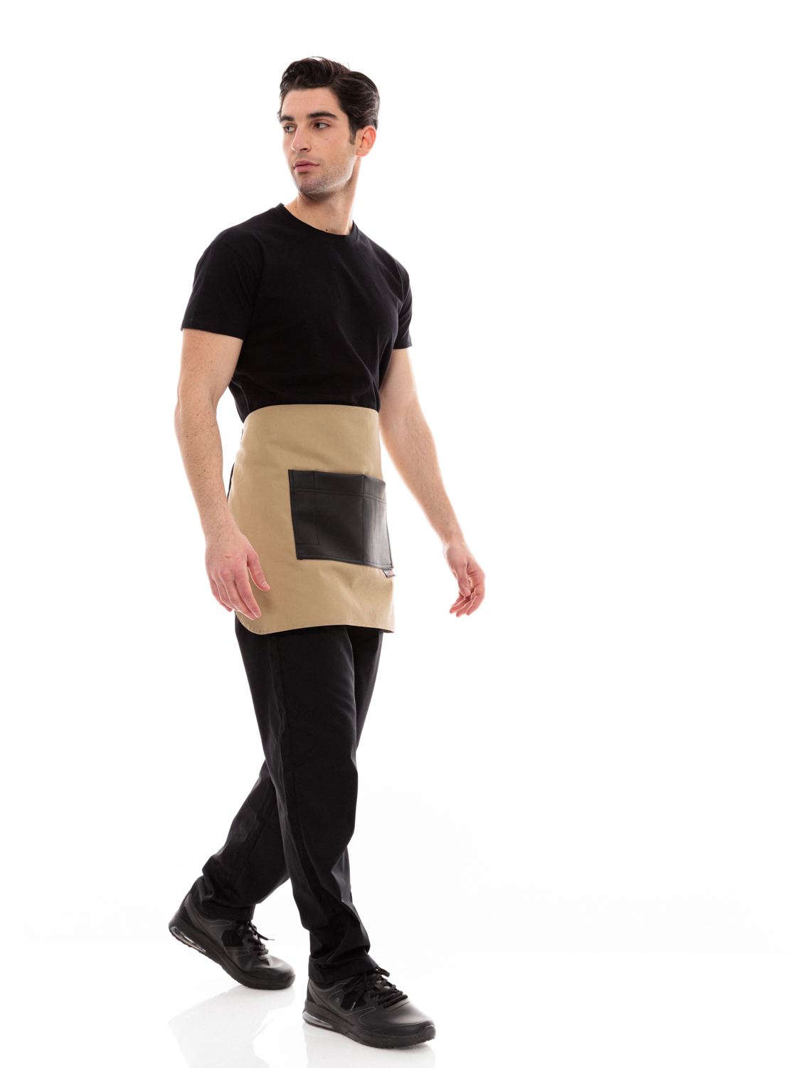 Μπεζ Ποδιά Unisex Barista Κοντή - Από Καμβά Ύφασμα & Μαύρη Τετράγωνη Vegan Leather Τσέπη