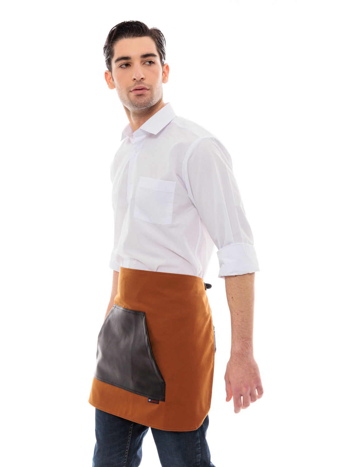 Κάμελ Ποδιά Unisex Barista Κοντή - Από Καμβά Ύφασμα & Μαύρη Μάρσιπο Vegan Leather Τσέπη