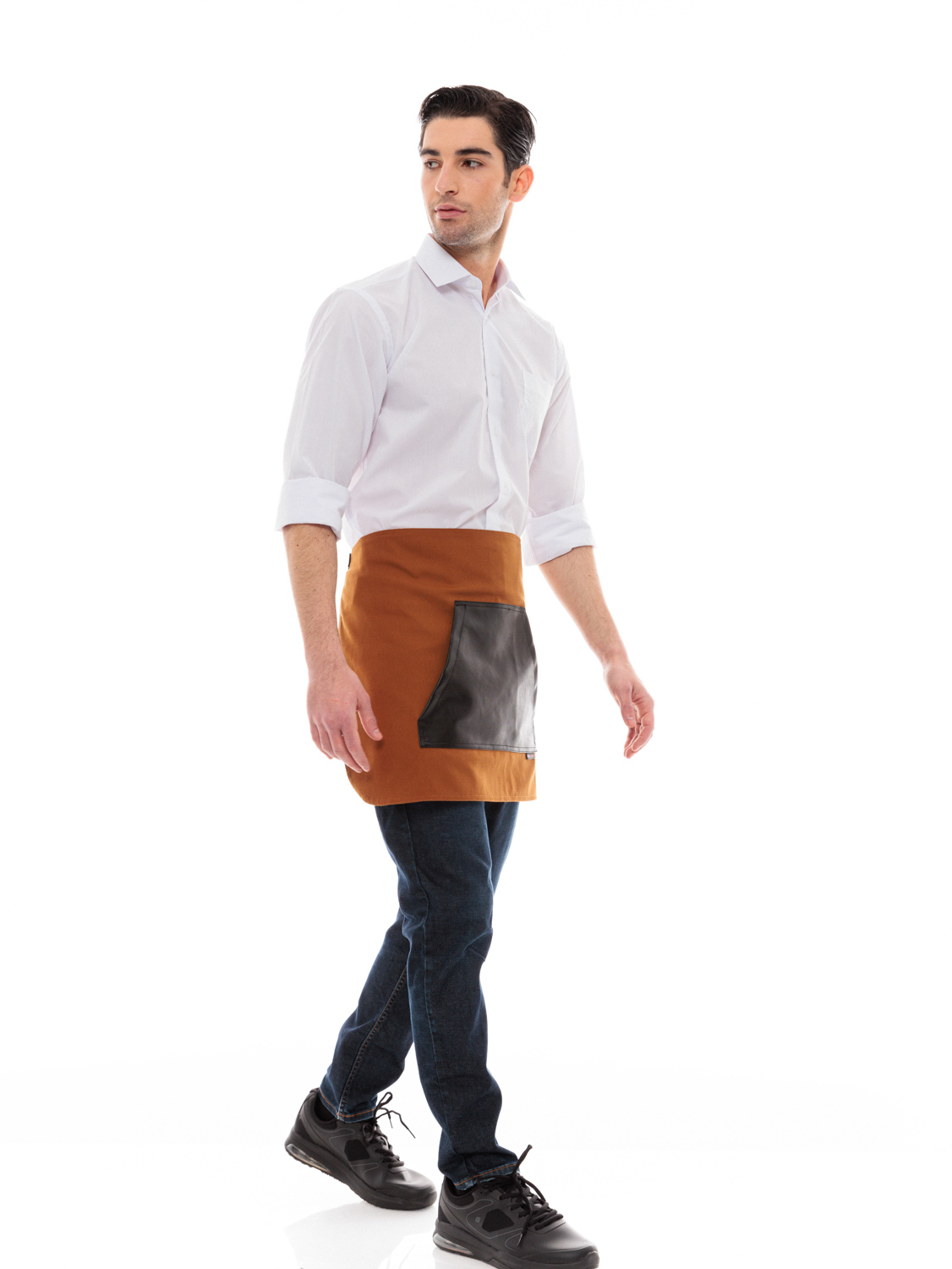 Κάμελ Ποδιά Unisex Barista Κοντή - Από Καμβά Ύφασμα & Μαύρη Μάρσιπο Vegan Leather Τσέπη