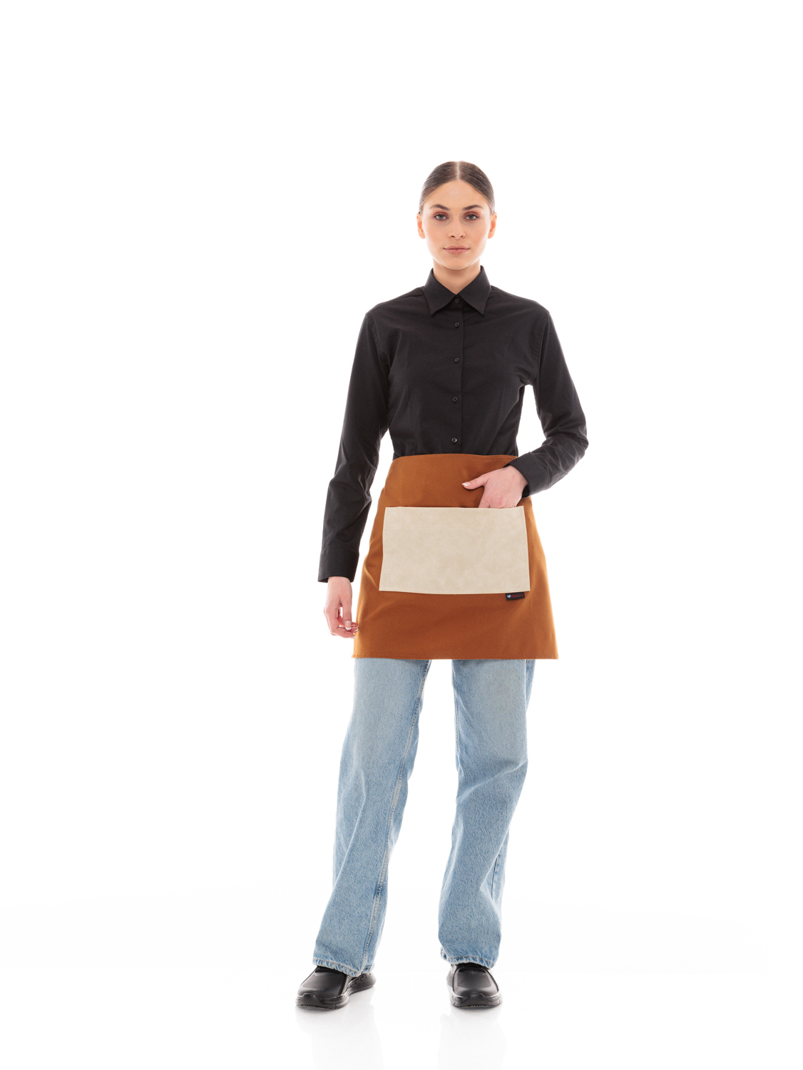Κάμελ Ποδιά Unisex Barista Κοντή - Από Καμβά Ύφασμα & Μπεζ Τετράγωνη Vegan Leather Τσέπη