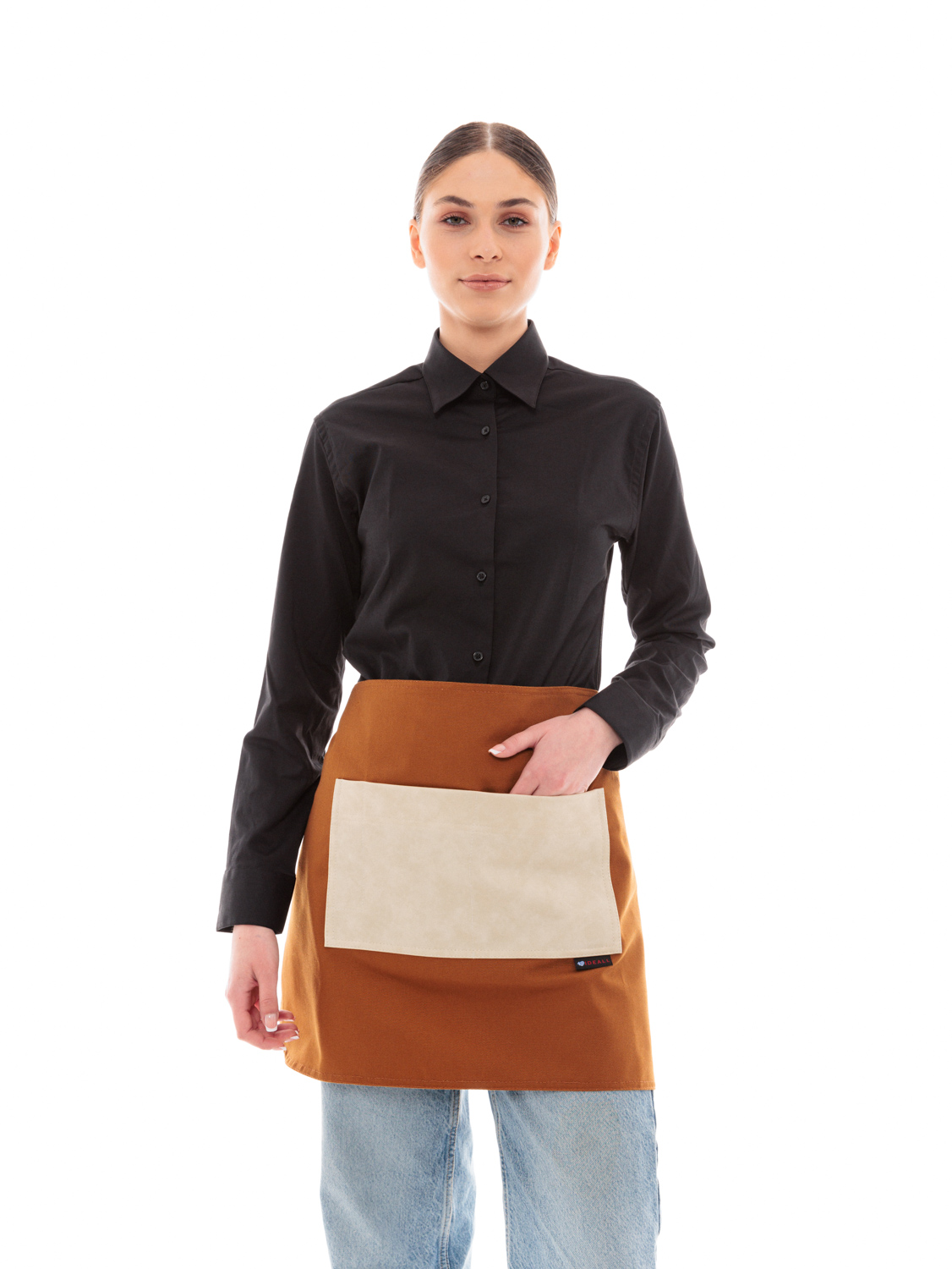 Κάμελ Ποδιά Unisex Barista Κοντή - Από Καμβά Ύφασμα & Μπεζ Τετράγωνη Vegan Leather Τσέπη