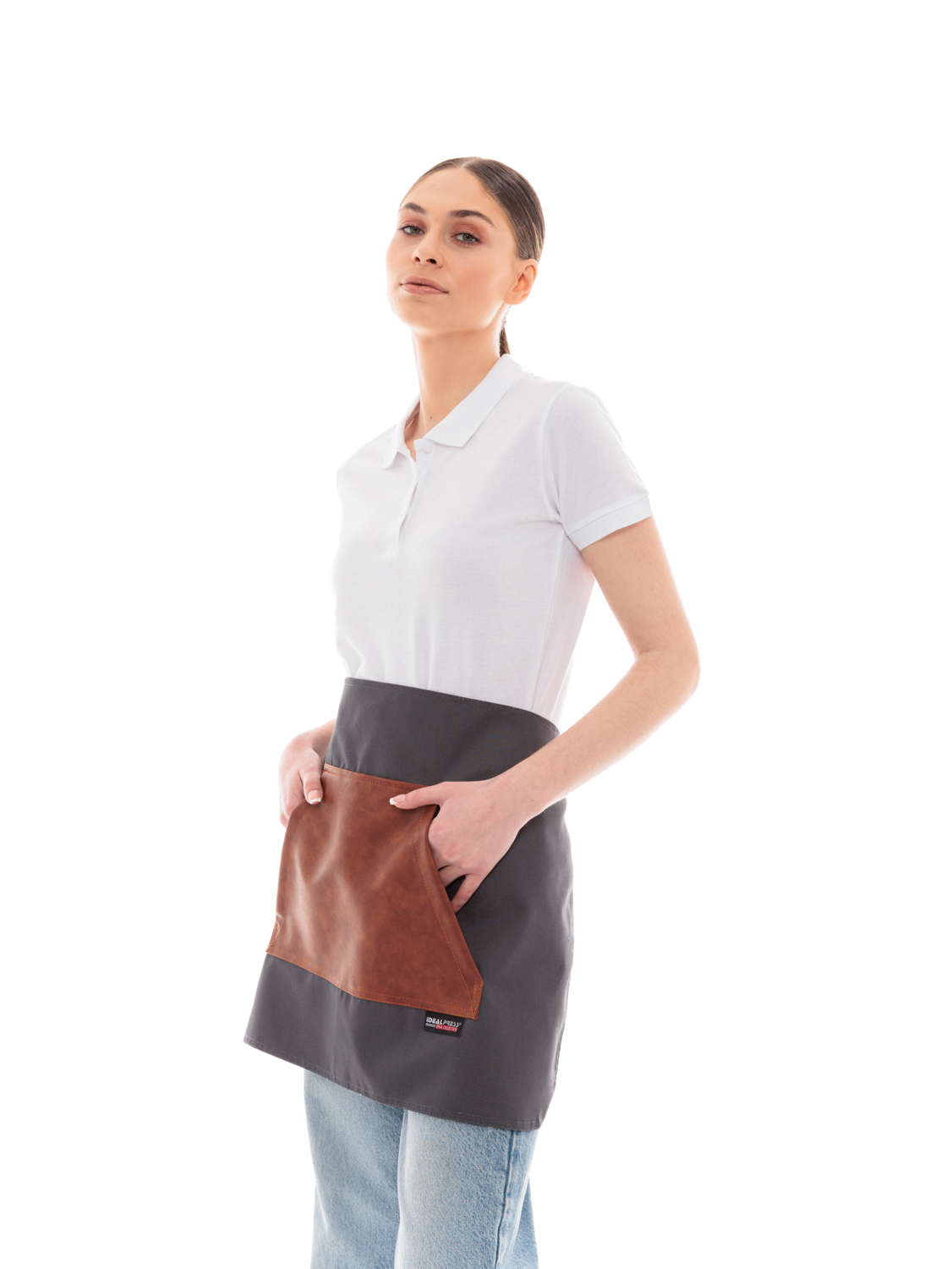 Γκρι Ποδιά Unisex Barista Κοντή - Από Καμβά Ύφασμα & Ταμπά Μάρσιπο Vegan Leather Τσέπη