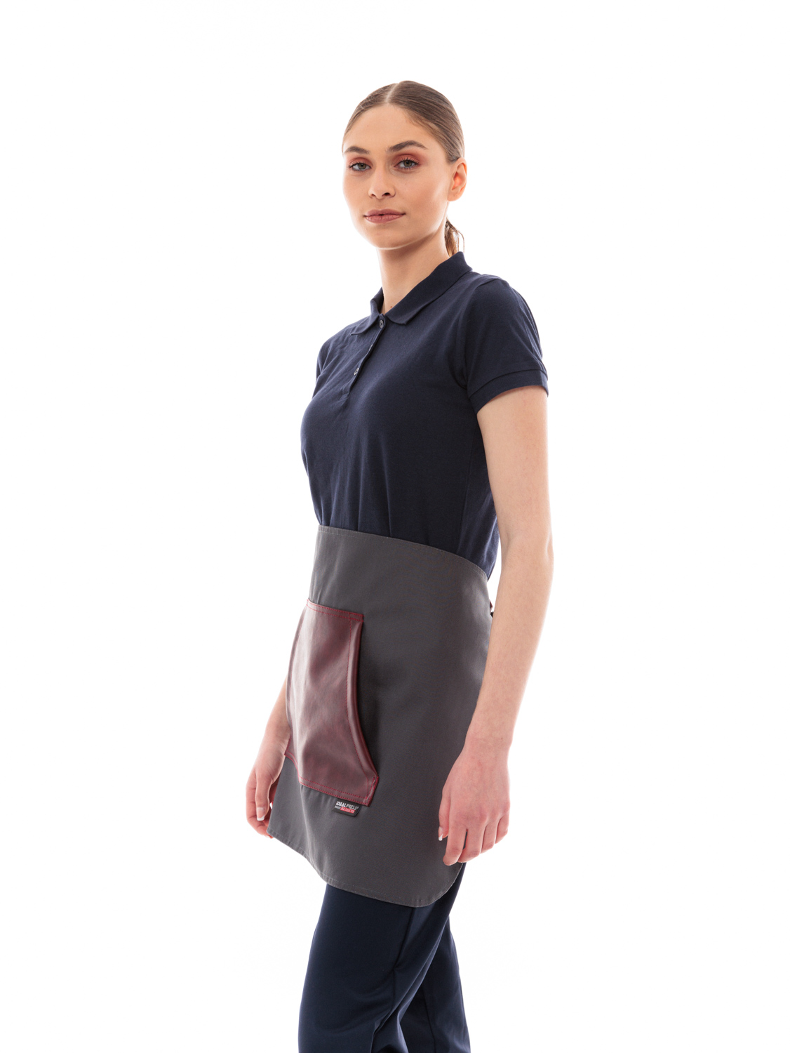 Γκρι Ποδιά Unisex Barista Κοντή - Από Καμβά Ύφασμα & Μπορντό Μάρσιπο Vegan Leather Τσέπη