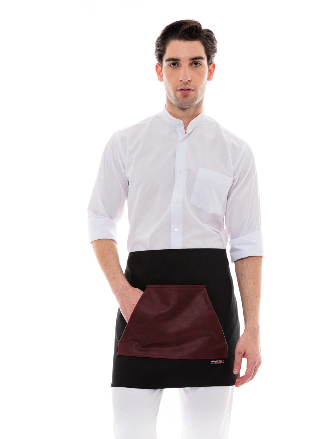 Μαύρη Ποδιά Unisex Barista Κοντή - Από Καμβά Ύφασμα & Μπορντό Μάρσιπο Vegan Leather Τσέπη