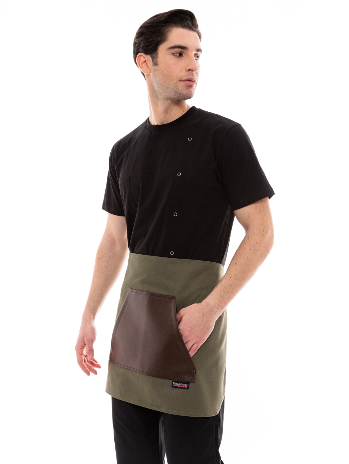 Χακί Ποδιά Unisex Barista Κοντή - Από Καμβά Ύφασμα & Καφέ Μάρσιπο Vegan Leather Τσέπη
