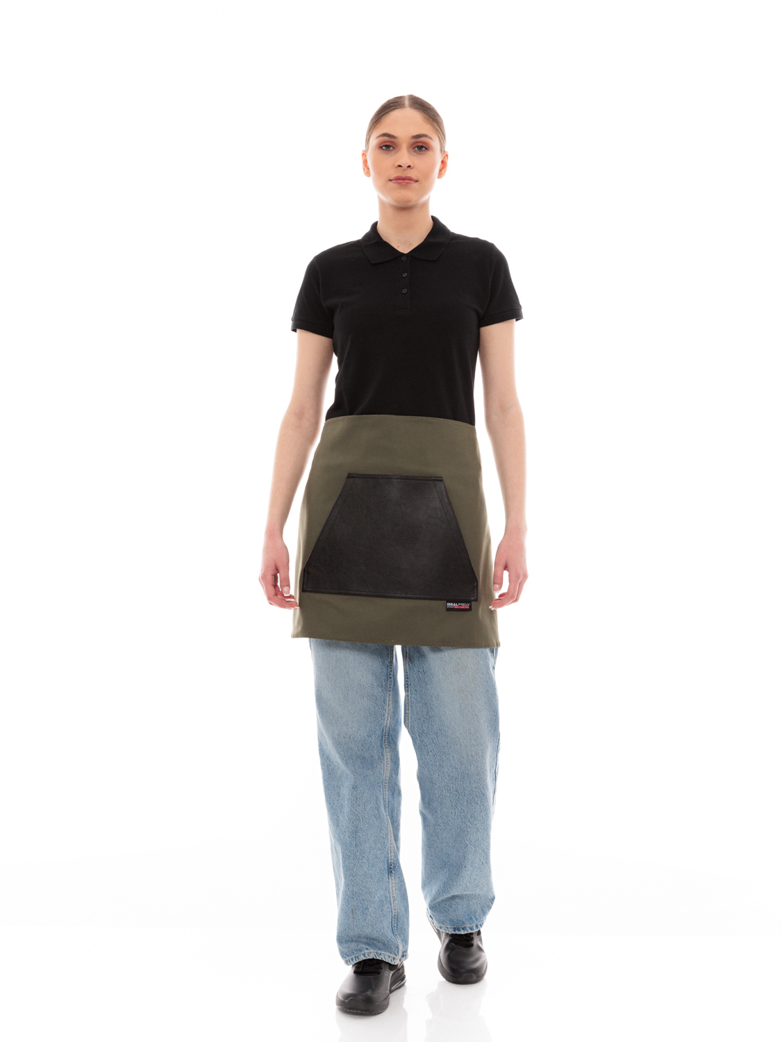 Χακί Ποδιά Unisex Barista Κοντή - Από Καμβά Ύφασμα & Μαύρη Μάρσιπο Vegan Leather Τσέπη