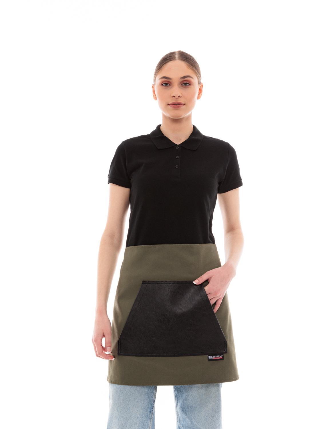 Χακί Ποδιά Unisex Barista Κοντή - Από Καμβά Ύφασμα & Μαύρη Μάρσιπο Vegan Leather Τσέπη