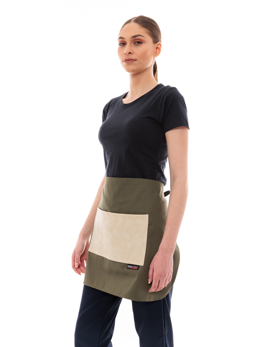 Χακί Ποδιά Unisex Barista Κοντή - Από Καμβά Ύφασμα & Μπεζ Τετράγωνη Vegan Leather Τσέπη