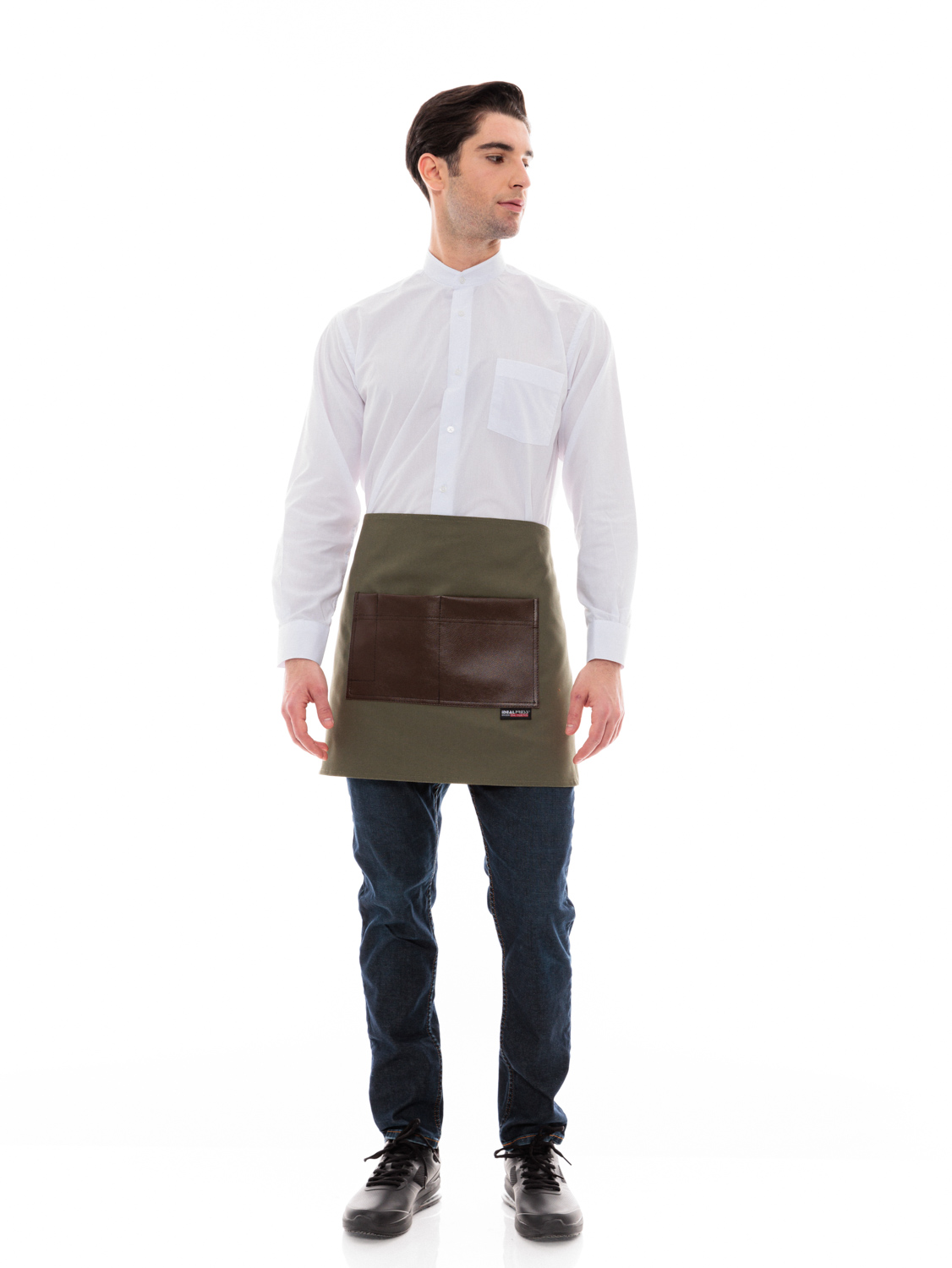 Χακί Ποδιά Unisex Barista Κοντή - Από Καμβά Ύφασμα & Καφέ Τετράγωνη Vegan Leather Τσέπη