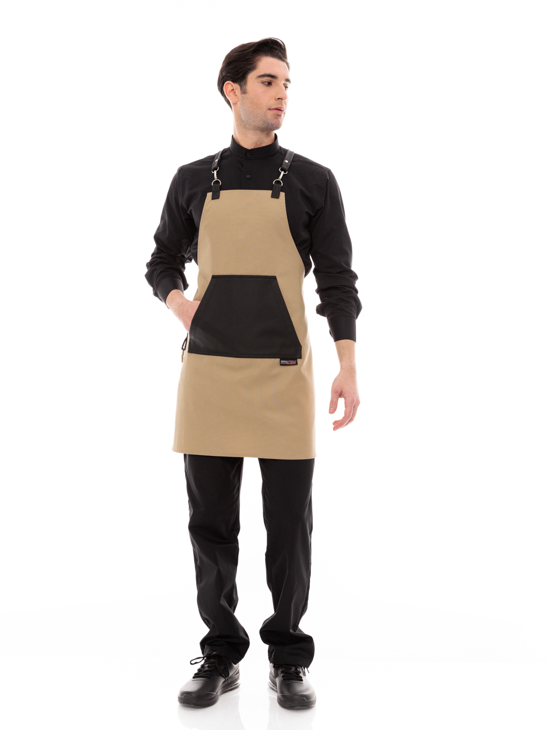 Μπεζ Ποδιά Unisex Barista Στηθούρι - Από Καμβά Ύφασμα & Μαύρη Μάρσιπο Vegan Leather Τσέπη